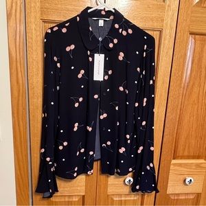 Pop sugar cherry print blouse. Navy background. Size Large. Long sleeves